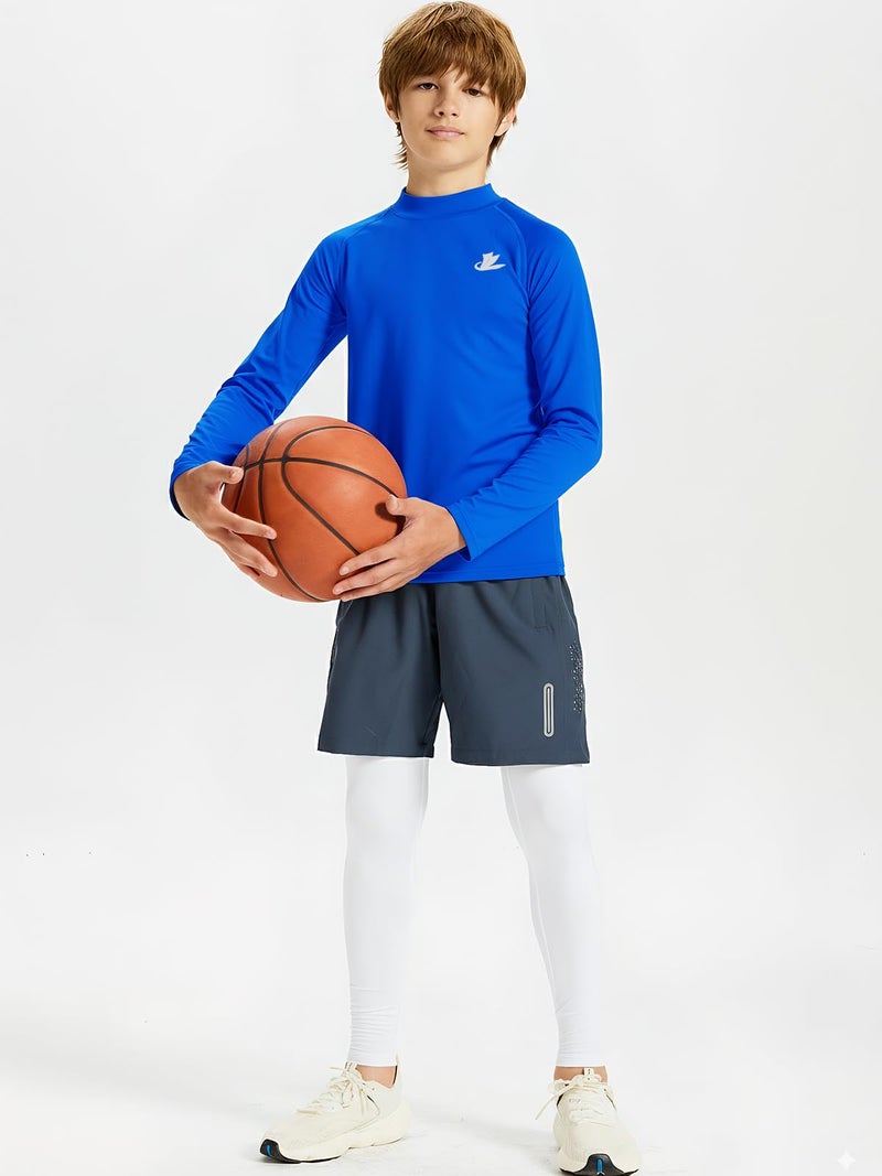 DEVOROPA Youth Boys Compression Thermal Shirts Long Sleeve Undershirt Fleece Baselayer Mock Top Royal Blue L - Image 3